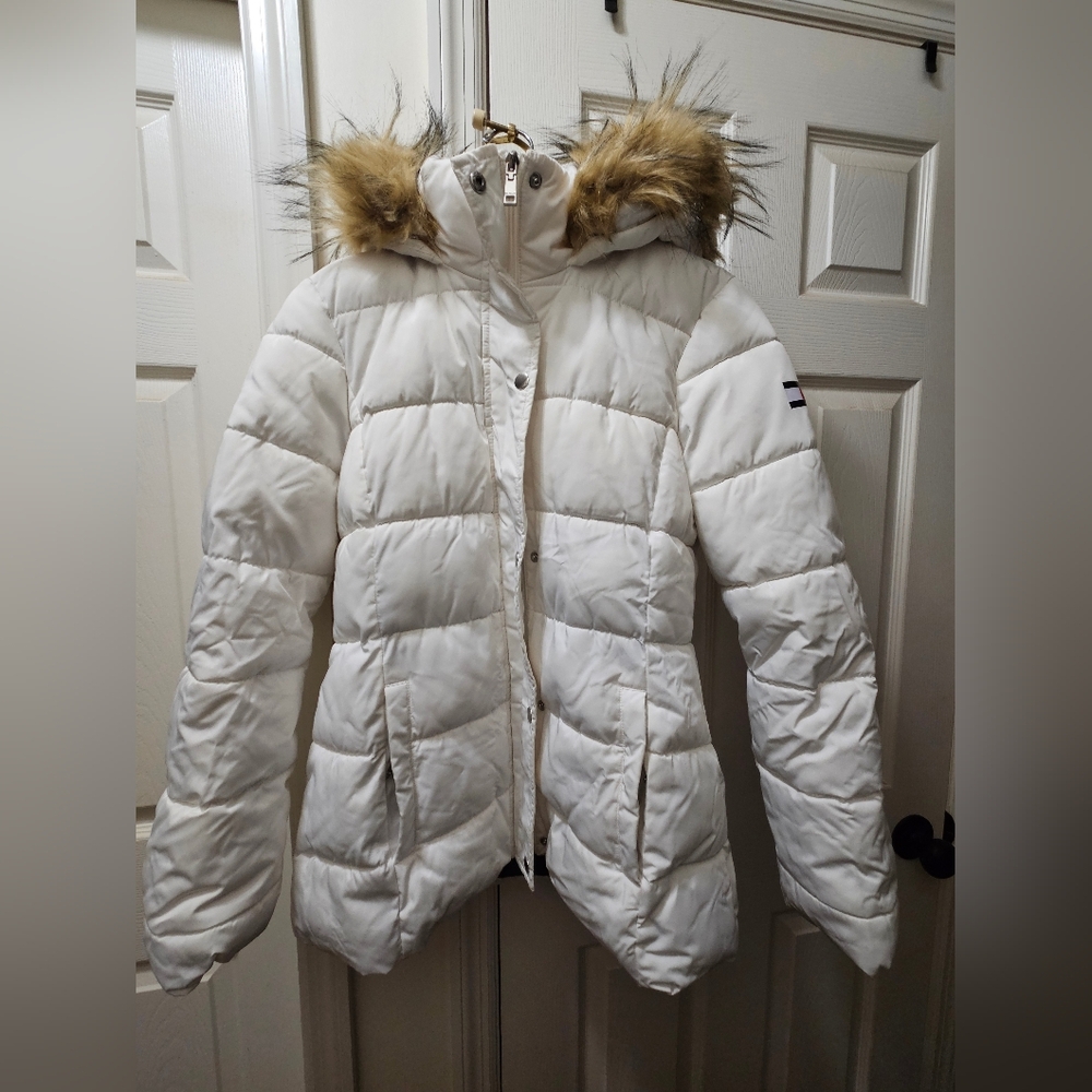 Tommy Hilfiger Cream Puffer Jacket with Faux Fur Hood